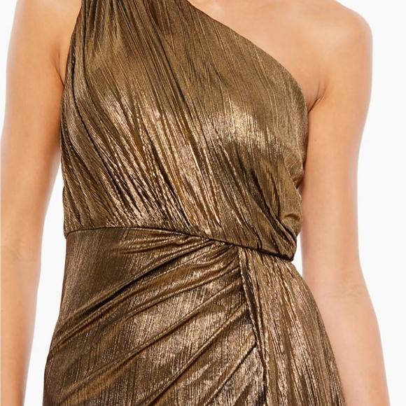 This is a beautiful McDougal dress in liquid gold color in size 12.  Worn once. - Picture 2 of 5